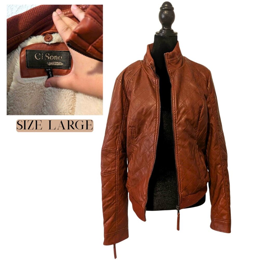 Ci Sono by Cavalini Quilted Faux Leather Jacket Sherpa Lined Brown Coat Moto L